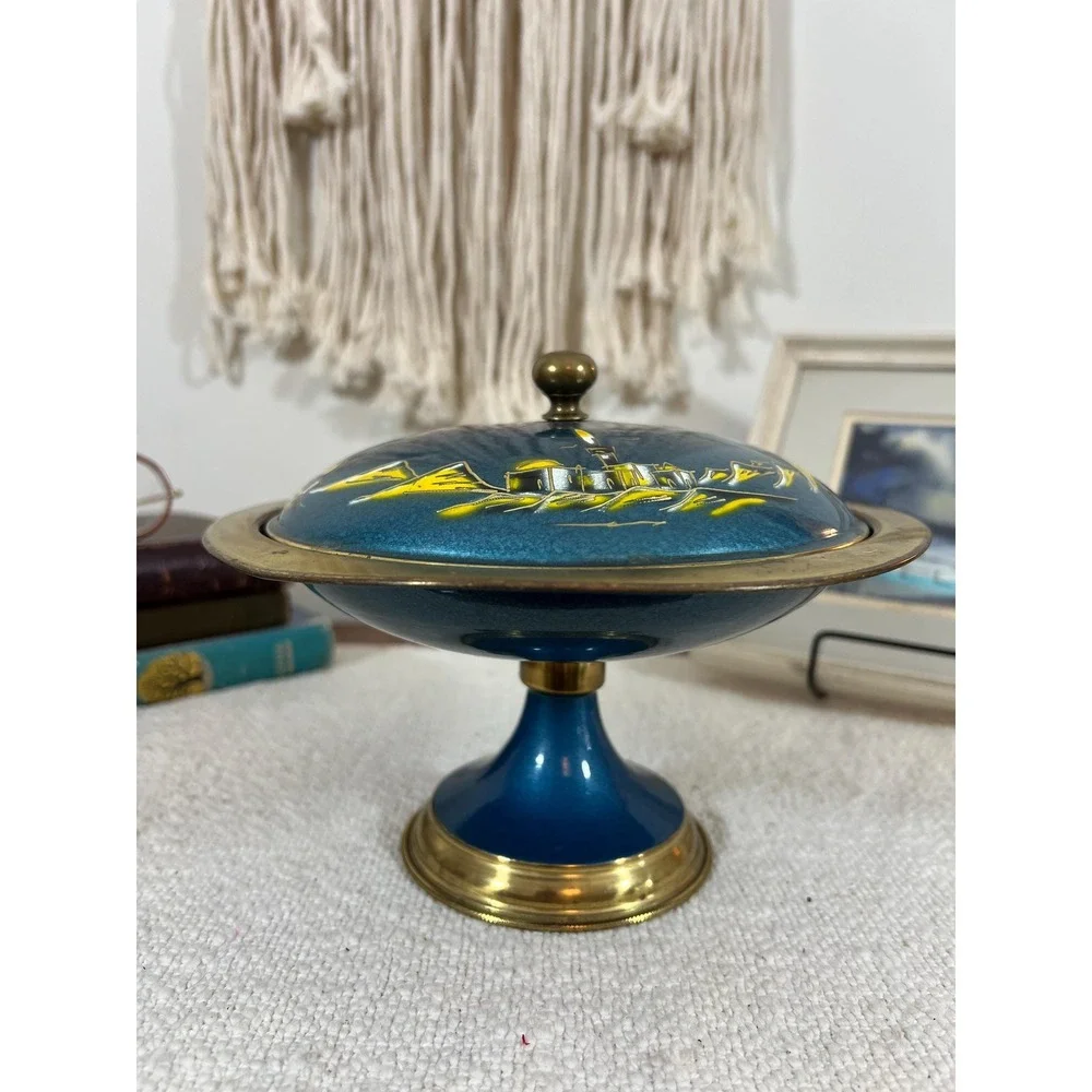 VTG Sabra Israel Hand-Painted Brass Enamel Covered Dish on Pedestal (3948)